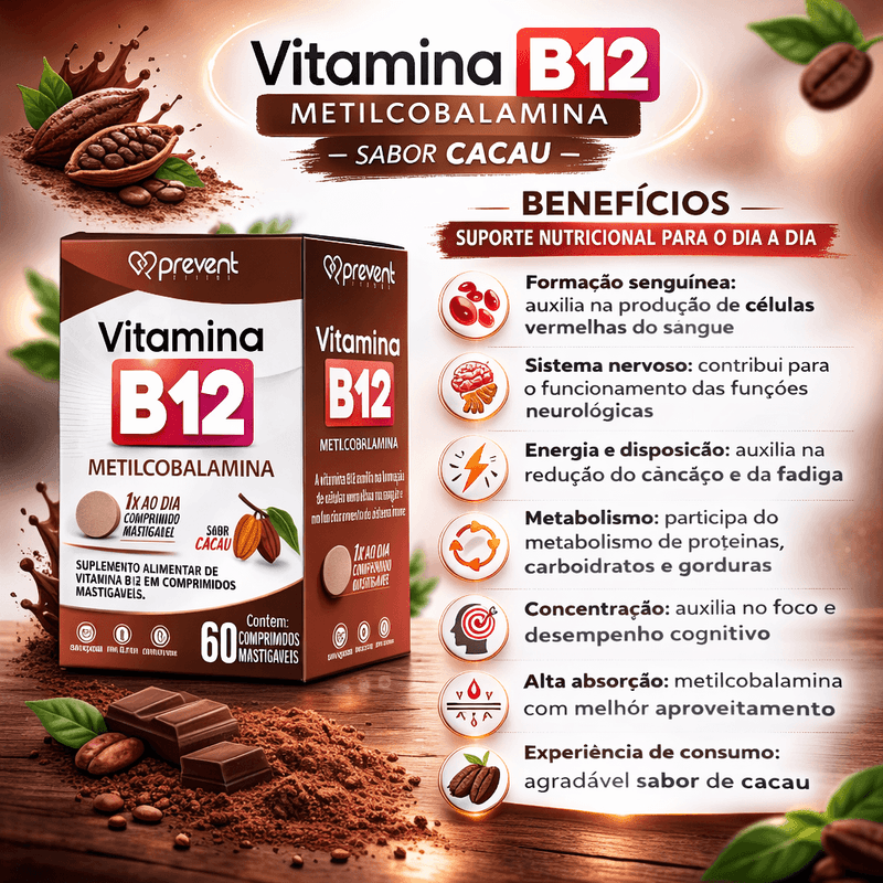 Kit C/3 Vitamina B12 Cacau C/60 Comprimidos - Prevent Pharma