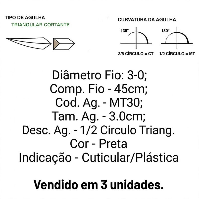Fio Sutura Sut Mononylon 3-0 Ag 3,0cm 1/2 MT30 - 3 unidades