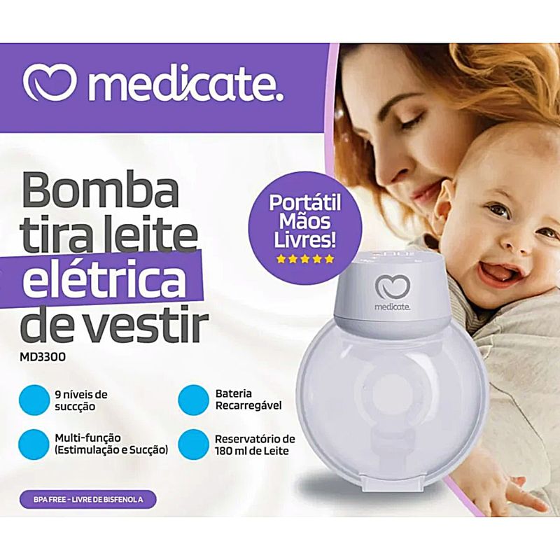Bomba Tira-Leite Materno Elétrica de Vestir Medicate MD3300