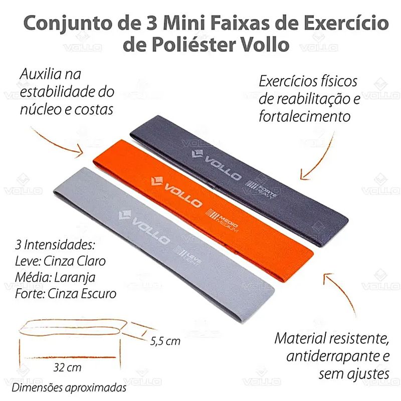 Kit 3 Faixas Elásticas Mini Bands Poliéster 3 Intensidades