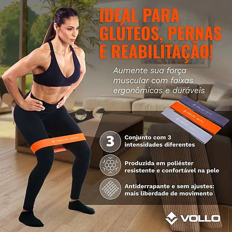 Kit 3 Faixas Elásticas Mini Bands Poliéster 3 Intensidades