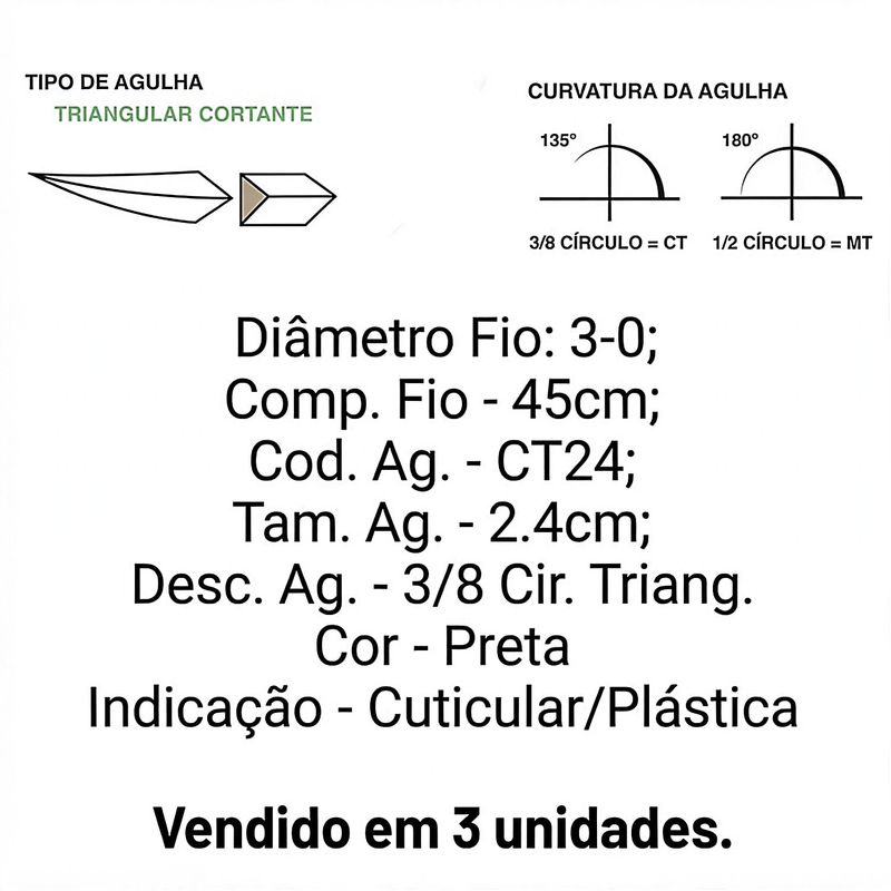 Fio Sutura Sut Mononylon 3-0 Ag 2,4cm 3/8 CT23 - 3 unidades