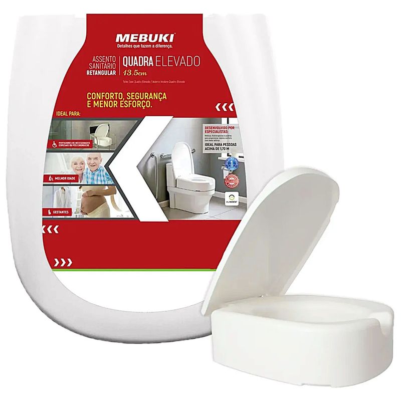 Assento Sanitário Retangular Mebuki Quadra Elevado 13,5cm