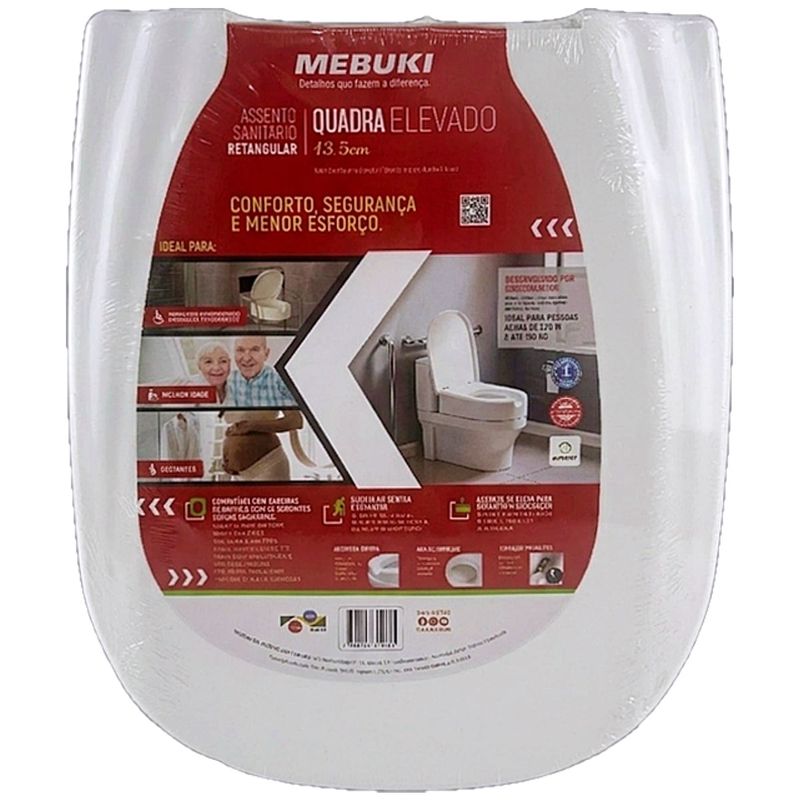 Assento Sanitário Retangular Mebuki Quadra Elevado 13,5cm