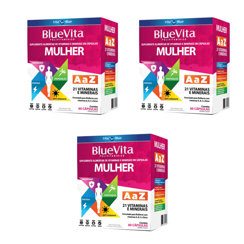 Kit 3 Polivitamínico Mulher 1000mg A a Z 60 Cápsulas - Vita Blue